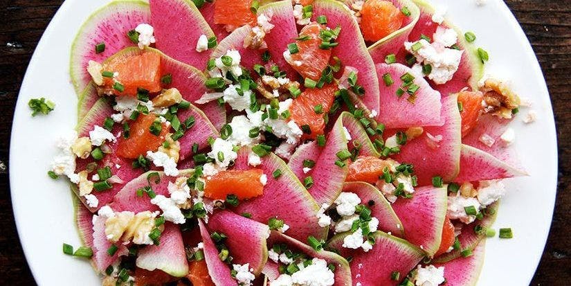 Cover Image for Watermelon Radish, Guava & Goat Cheese Salad with Pecans