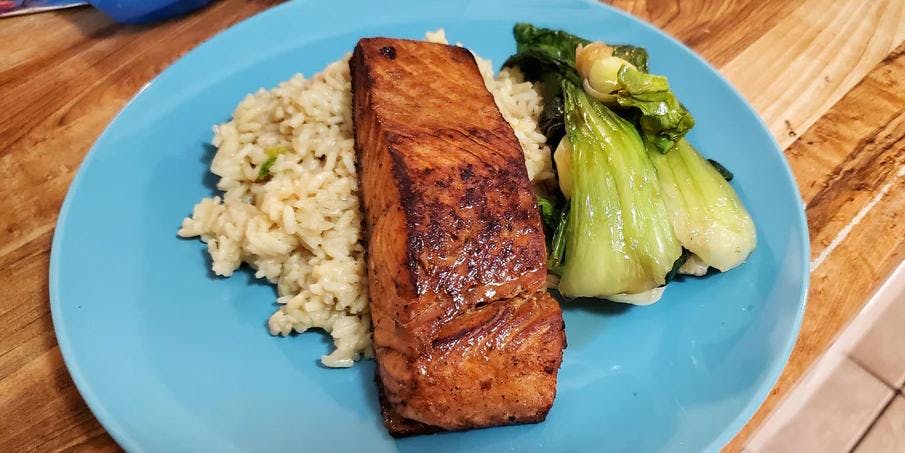 Cover Image for Asian Inspired Salmon with Stir Fried Garlic Lemon Yu Choy Sum
